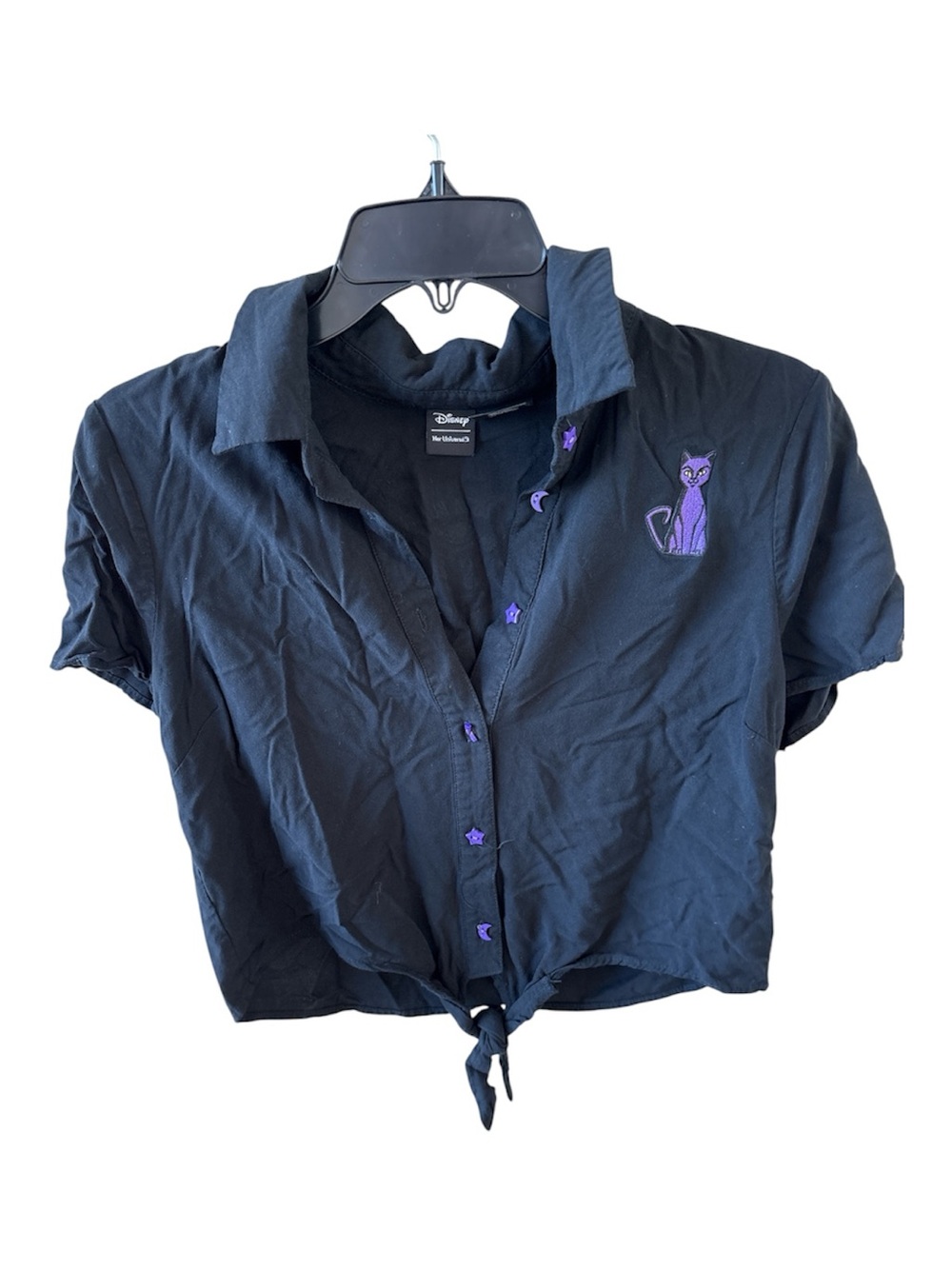Disney Hocus Pocus Black Short-Sleeve Tie-Front Shirt with Purple Cat Embroidery